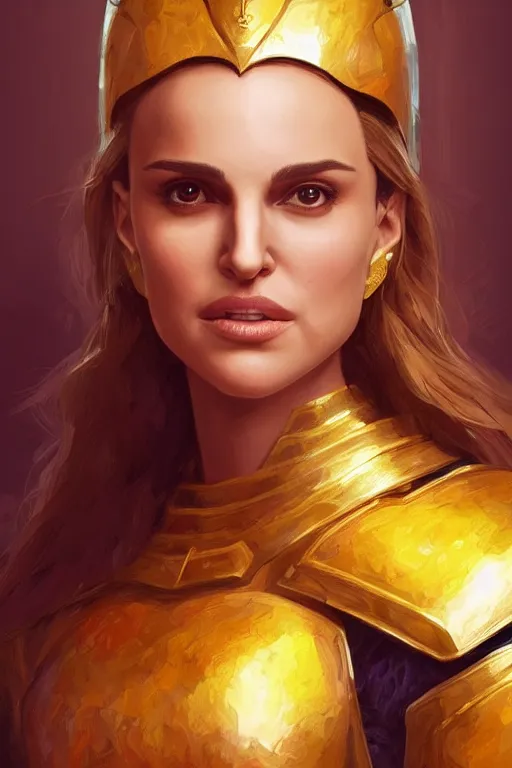 Image similar to portrait of a young natalie portman knight with blond hair wearing a golden armor with a sun symbol, fantasy, highly detailed, digital painting, artstation, concept art, illustration, art by Bayard Wu and Marc Simonetti