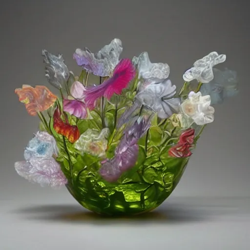 Prompt: translucent flowers made of glass by rachel ruysch
