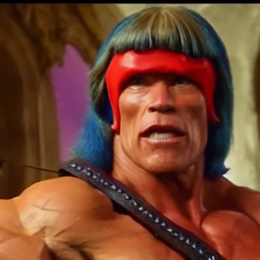 Image similar to Arnold Schwarzenegger dressed as He-Man, ultra realistic movie frame, cinematic lighting