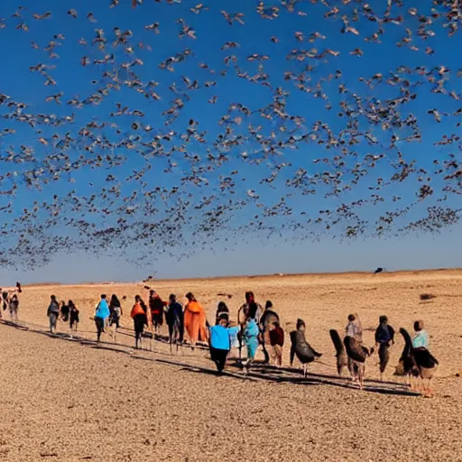 Prompt: birds circling over a bunch of humans walking through the desert about to run out of water