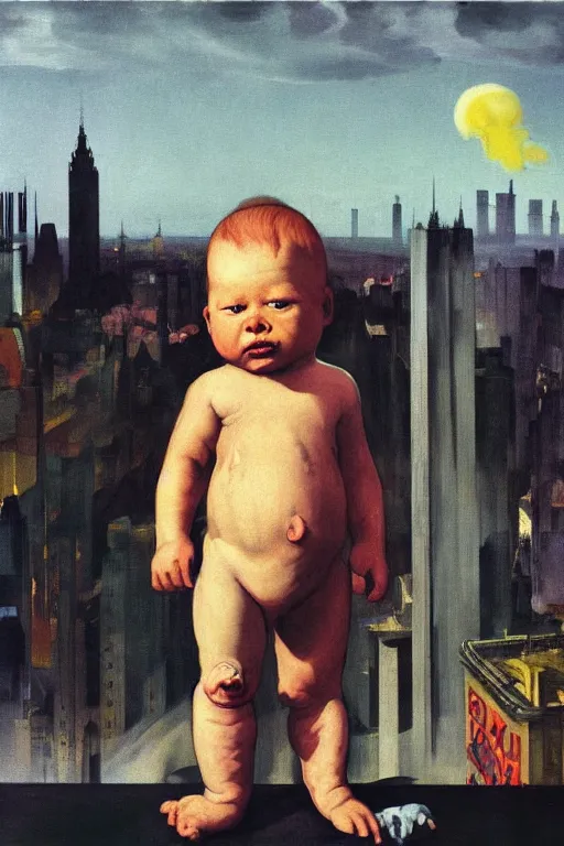 Image similar to evil human giant baby in huggies, grows up to the sky, against the backdrop of destroyed high - rise building, hauntingly surreal, highly detailed painting by francis bacon, edward hopper, adrian ghenie, gerhard richter, and james jean soft light 4 k,