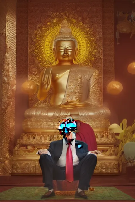 Prompt: Donald Trump meditating in a Buddhist Temple, cinematography by Wes Anderson, 4k octane render, intricate detail, photorealistic , cinematic lighting, Artstation