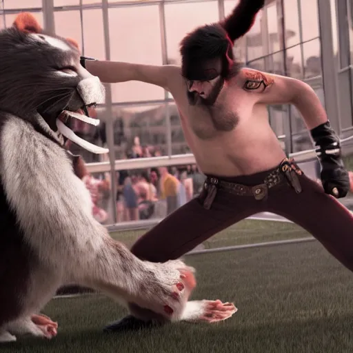 Prompt: nicolas cage beating up furry cosplayers, 8 k, octane render, beautiful composition,