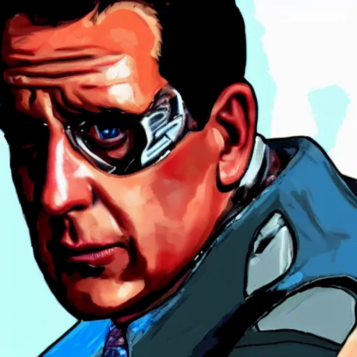 Prompt: michael scott as terminator half battle damage face chrome