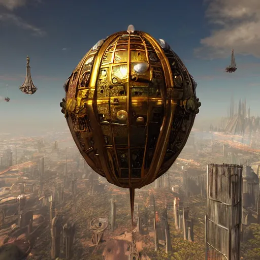 Prompt: enormous flying city in a rusted faberge egg, sky, steampunk, fantasy art, unreal engine,