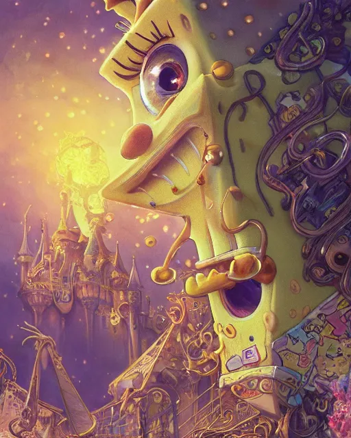 Image similar to spongebob insane eyes, extreme close up, madness, insanity, highly detailed, gold filigree, romantic storybook fantasy, soft cinematic lighting, award, disney concept art watercolor illustration by mandy jurgens and alphonse mucha and alena aenami, pastel color palette, featured on artstation