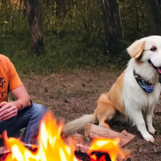 Image similar to photo of hillbilly with long blonde hair and his australian shepherd around a bonfire, symmetric face