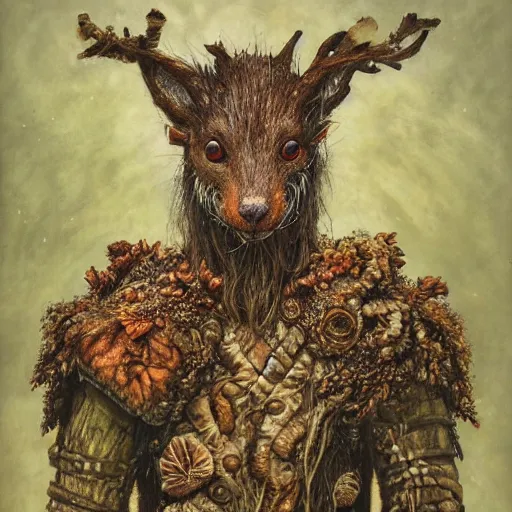 Prompt: detailed realistic body portrait of a ratfolk druid in wooden armor, covered in fungus and mushrooms, decayed plant matter, leaves, by Gerald Brom and Alan Lee, ArtStation