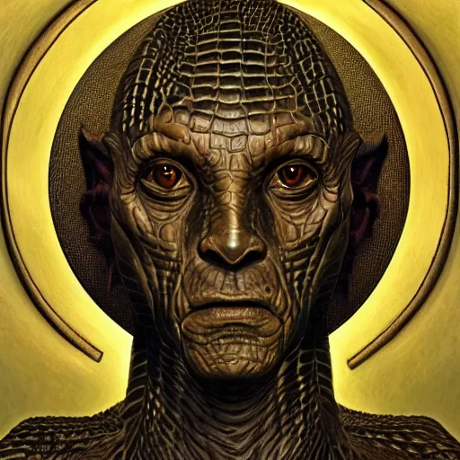 Prompt: humanoid reptilian priest, bronze age, portrait, high quality, symmetrical, hd photorealistic by alex ross