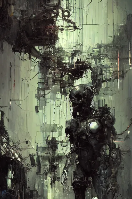 Image similar to cybernetic dream hunter, cyberpunk, wires, skulls, machines by emil melmoth zdzislaw belsinki craig mullins yoji shinkawa realistic render ominous detailed photo atmospheric by jeremy mann francis bacon and agnes cecile ink drips paint smears digital glitches glitchart