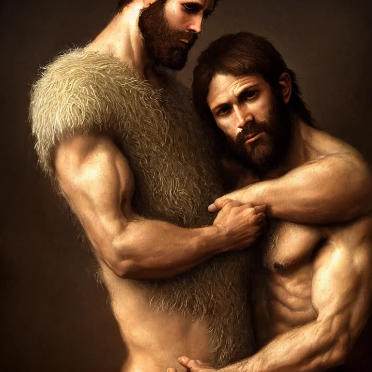 Prompt: renaissance painting full body portrait of a gruff ranger and his wolf, lean and toned, handsome face, hairy chest and hairy body, D&D, intricate, elegant, highly detailed, digital painting, artstation, concept art, matte, sharp focus, chiaroscuro, well list, illustration, art by Da Vinci, Artgerm and Greg Rutkowski and Alphonse Mucha