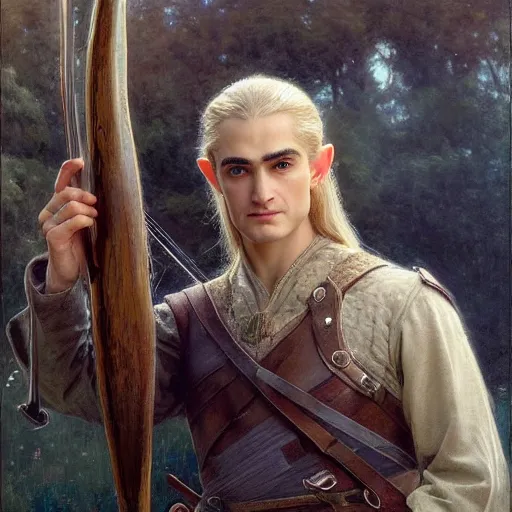 Image similar to a beautiful painting of attractive legolas the elf at the apple event, highly detailed painting by gaston bussiere, craig mullins, j. c. leyendecker 8 k