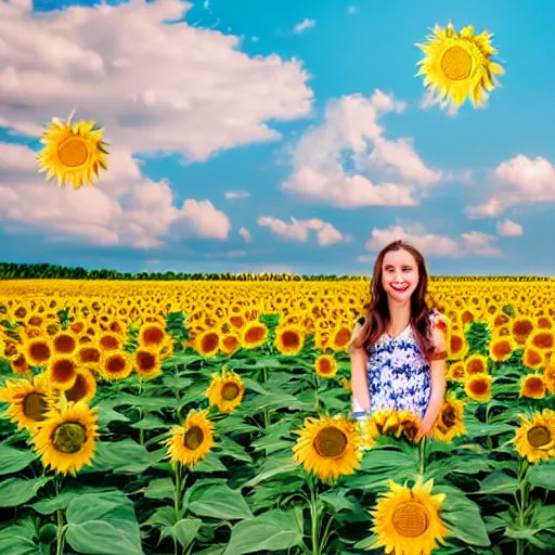 Prompt: Portrait, Illustration of a Ukrainian girl Smiling at the camera, Beautiful pretty young, flowers in her dark hair, Scene: Sunflower field, Colors: Yellow sunflowers, blue cloudy sky, In a style of Miniature World