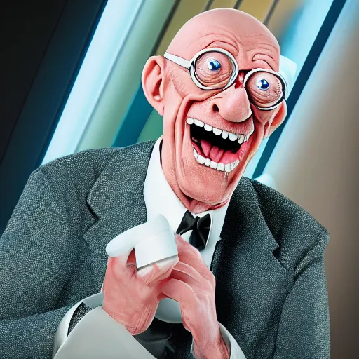 Prompt: An ultra detailed and realistic portrait of Professor Farnsworth from Futurama shouting good news to everyone, 4k, attestation