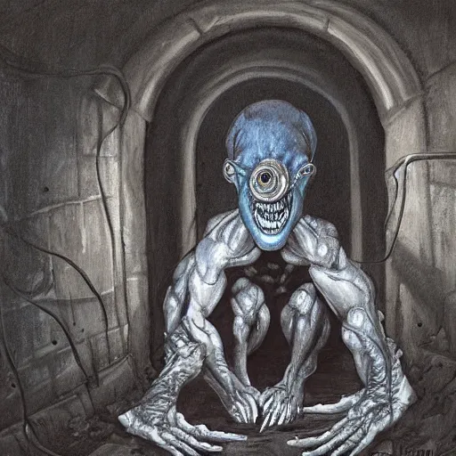 Prompt: a painting of a half lizard half man creature standing in a sewer, russian lab experiment, human skulls on ground, glowing eyes, creepy, horror vibe, real, in the style of greg hildebrandt