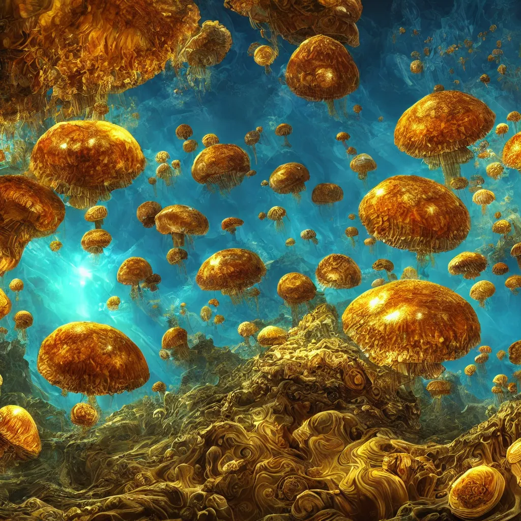 Prompt: mandelbulb gold rising from oceans, high detailed, island, jellyfish environment art, artstation, mushrooms, toad
