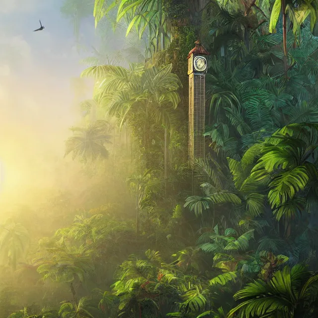 Image similar to a tall clock tower in a jungle!, mist, tropical trees, vines, birds, sunset!, fluffy clouds, warm colors, beautiful lighting, digital art, intricate details, trending on artstation