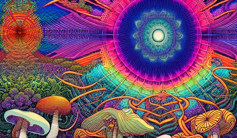 Image similar to an expansive rendering of beautiful and complex oneness of all things by dan mumford, by jim fitzpatrick, by joe wilson, by jim burns, by victo ngai, by jacek yerka, surrounded with colorful magic mushrooms and rainbowcolored marihuana leaves, insanely integrate, featured on deviant art, trending on artstation