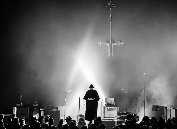 Image similar to a high resolution photograph of sunn o ) ) ) playing live at the vatican with monk robes, smoke machines, huge walls of amplifiers