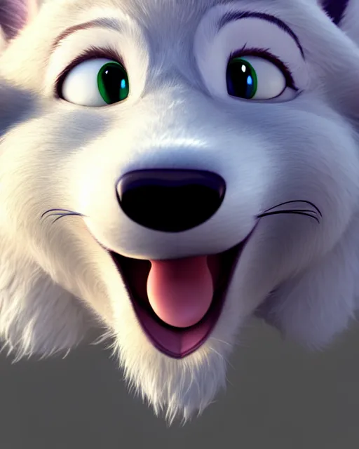 Prompt: portrait of cute anthropomorph white wolf in the style of zootopia, volumetric light, artstation, concept art, 8 k, high detail, perfect