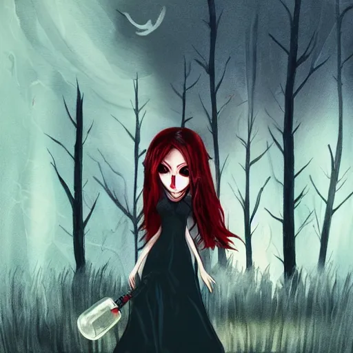 Prompt: a vampire girl with a smug smile on her pure face, shes holding a bottle in her right hand and she is staring into your soul with extreme anger, in the background a dark forest is burning to ashes, abstract art