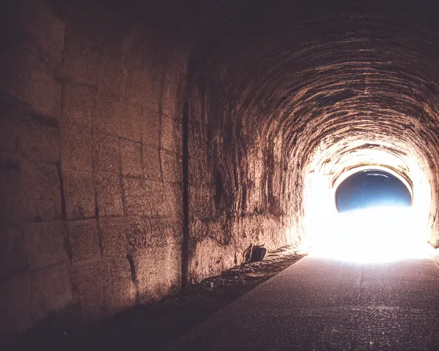 Prompt: a dark tunnel with a light at the end, a photo by bedwyr williams, trending on unsplash, light and space, anamorphic lens flare, flickering light, dark