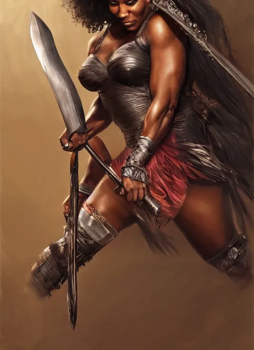 Image similar to serena williams as a ruggedly handsome hero holding an enormous large dual wielding sword, intricate, elegant, highly detailed, centered, digital painting, artstation, concept art, smooth, sharp focus, illustration, artgerm, donato giancola, Joseph Christian Leyendecker, WLOP, Boris Vallejo, Artgerm