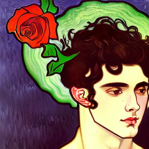 Prompt: painting of young cute handsome beautiful dark medium wavy hair man in his 2 0 s named shadow taehyung wearing a red rose hair crown at the cucumber soup party, somber, elegant, clear, painting, stylized, delicate, soft facial features, delicate facial features, soft art, art by alphonse mucha, vincent van gogh, egon schiele