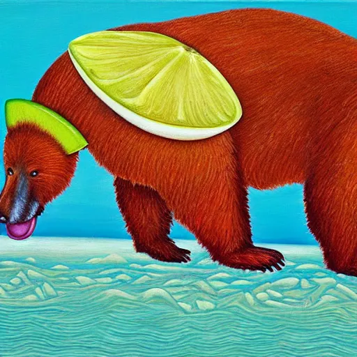 Image similar to bear drinking a pina colada from a coconut | award winning psychedelic oil painting on canvas