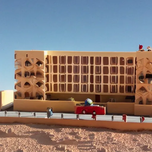 Prompt: baby toy style hotel in the dessert, big scale