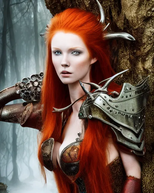 Image similar to 5 5 mm portrait photo of an armored redhead woman with a sword, and antlers growing from her head, in a magical forest. by luis royo. highly detailed 8 k. intricate. lifelike. soft light. nikon d 8 5 0. cinematic post - processing