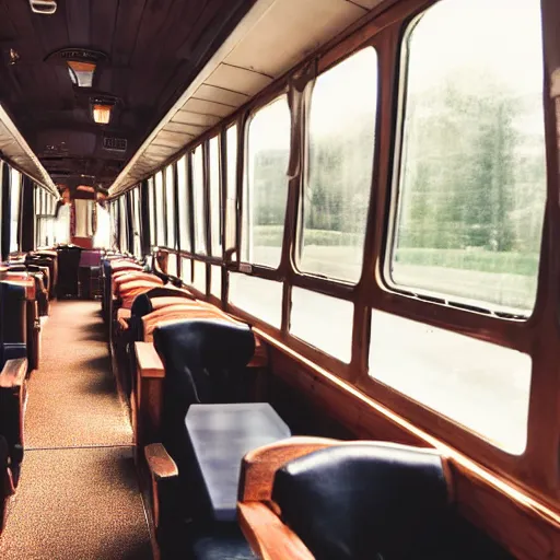 Prompt: photograph of cozy private diner train car, plush chairs, god rays through windows, rich wooden table, potted plants, warm light, wide angle