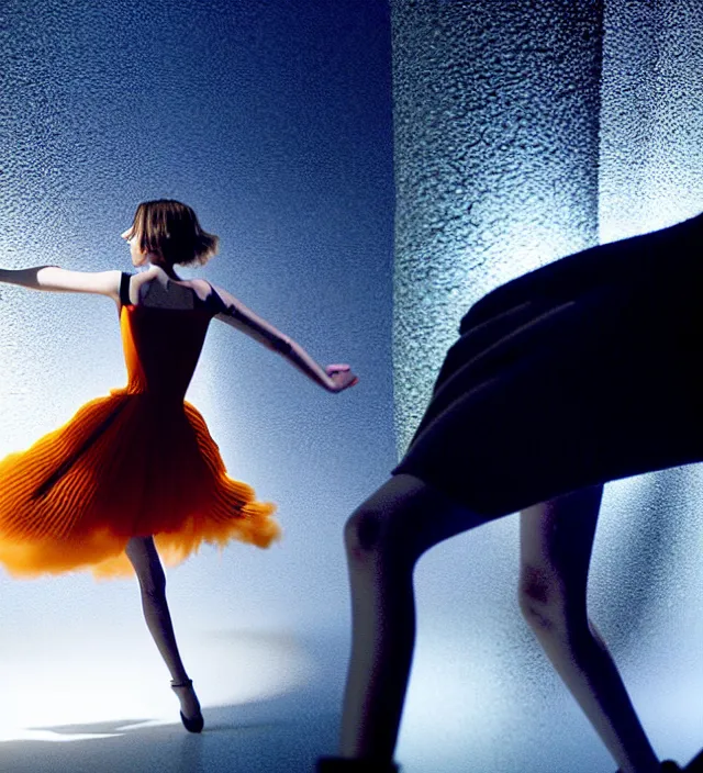 Image similar to la la land unseen film scene of gaz station by night starring seductive actress doing steps dancing and dressed by an organic looking dress from designer * iris van herpen *, with stylish colorfull makeup. intriguing soft back lighting, highly detailed, skin grain detail, photography by paolo roversi, nick knight