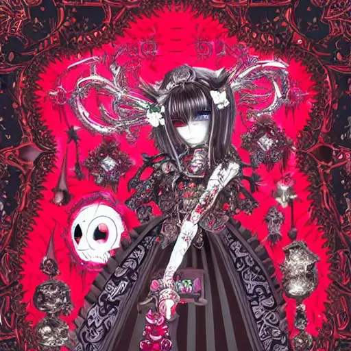 Image similar to baroque bedazzled gothic royalty frames surrounding a pixelsort emo demonic horrorcore japanese yokai doll, low quality sharpened graphics, remastered chromatic aberration spiked korean bloodmoon sigil stars draincore, gothic demon hellfire hexed witchcore aesthetic, dark vhs gothic hearts, neon glyphs spiked with red maroon glitter breakcore art by guro manga artist Shintaro Kago