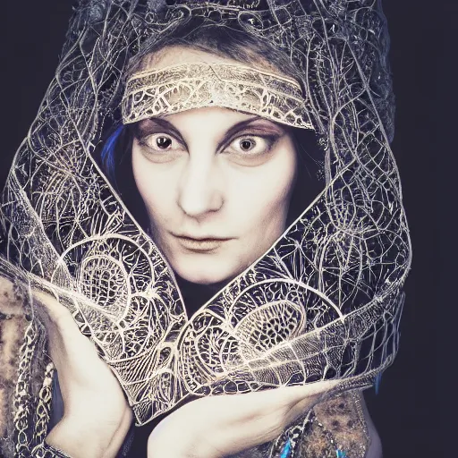 Image similar to an award finning closeup photo by a famous portrait photographer of a beautiful female bohemian cyberpunk musician in filigree fractal robes