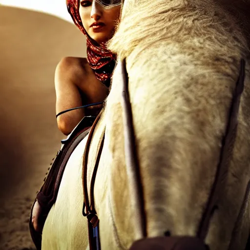 Image similar to ultra - photorealistic, middle eastern woman driving horse and handling weapon, dust, yellow cinematic, 4 k, 8 0 0 mm, uhd, vogue, winning photo of the year, sharp focus, intricate, hyperdetailed