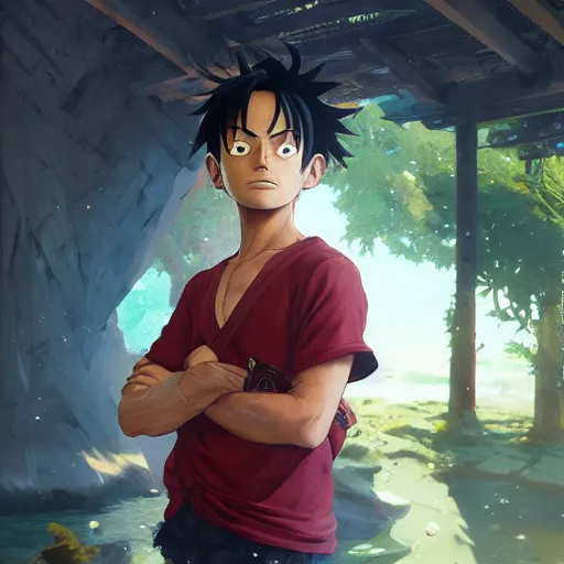 Image similar to highly detailed portrait luffy in gta v, stephen bliss, unreal engine, fantasy art by greg rutkowski, loish, rhads, ferdinand knab, makoto shinkai and lois van baarle, ilya kuvshinov, rossdraws, tom bagshaw, global illumination, radiant light, detailed and intricate environment