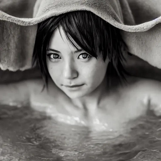 Image similar to photographic portrait by Annie Leibovitz of an anime girl in a hot tub, closeup, foggy, sepia, moody, dream-like, sigma 85mm f/1.4, 15mm, 35mm, 4k, high resolution, 4k, 8k, hd, full color