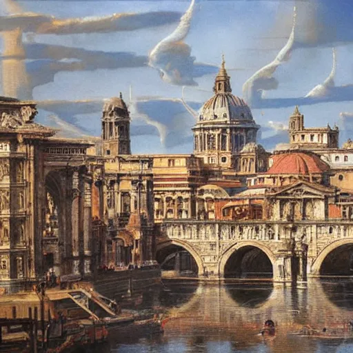 Prompt: by gabriele dell'otto blocks, unified aztec, ancient roman painting. a beautiful print of a cityscape with tall spires & delicate bridges.