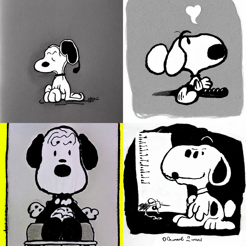 Prompt: accurate drawing of snoopy in the style of charles schulz, ink on paper, black and white, analog