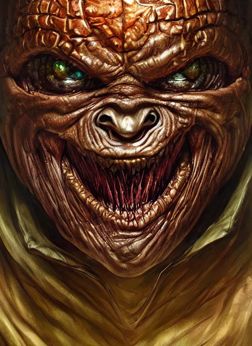 Prompt: screaming chucky doll mf doom reptile eyes, metal led skin. intricate, elegant, highly detailed, centered, digital painting, artstation, concept art, smooth, sharp focus, illustration, artgerm, tomasz alen kopera, peter mohrbacher, donato giancola, joseph christian leyendecker, wlop, frank frazetta