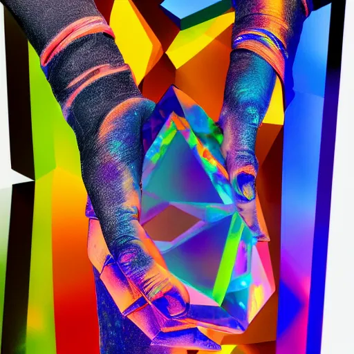 Image similar to a person holding a colorful object in their hand, a hologram by jeka kemp, polycount, crystal cubism, made of crystals, irridescent, holographic