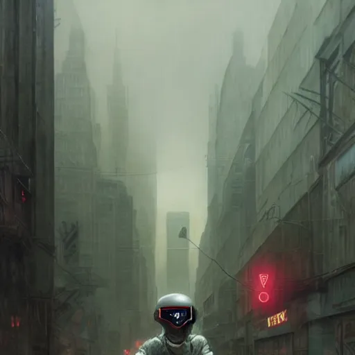 Image similar to dreary realism portrait of masked cyber punk helmet on the art deco streets of the big city, artstation, award - winning realistic sci - fi concept art by jim burns and greg rutkowski, beksinski, a realism masterpiece, muted color palette, james gilleard, bruegel, alphonse mucha, and yoshitaka amano