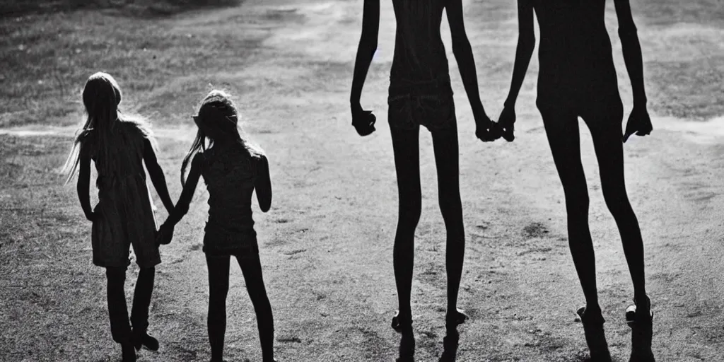 Prompt: extremely tall skinny humanoid monster holding a young girls hand