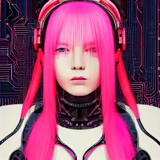 Prompt: a portrait of a female robot with pink hair with lots of wires, cyberpunk art by otomo katsuhiro, cgsociety, computer art, circuitry, dystopian art, academic art