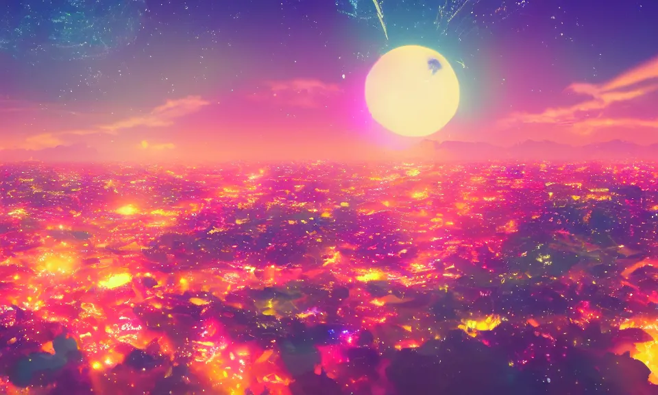 Image similar to a colorful glowing heavenly japanese city, sunset, stars, particles, pastel, artstation, digital art.