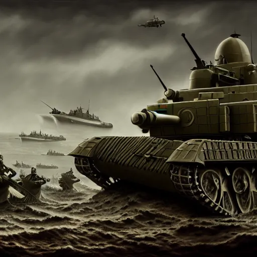 Image similar to the the D day WW2 in roblox, photo from 1940s, very detailed, fantasy, dramatic, intricate, elegant, highly detailed, digital painting, artstation, concept art, smooth, sharp focus, illustration, art by Gustave Dore, octane render