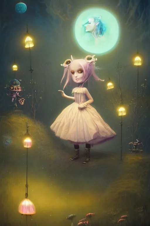 Image similar to a surreal Bioluminescent, very very very cute gothic lolita in a happy world by Daniel Merriam, Trending on Artstation, oil on Canvas by Elena Zhurikhina and Goro Fujita and Charlie Bowater, octane render, 4k, 8k, HD