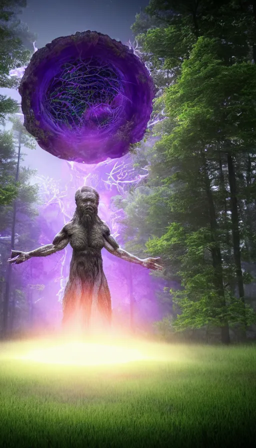 Prompt: hyper realistic 3 d render of a future sci - fi ancient god on the middle of a forest with a lot of purple trees holding a portal that's about to explode, volumetric lighting, sunny day