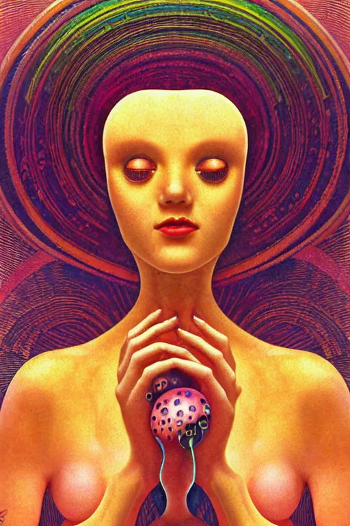 Image similar to 8 0 s art deco close up portait of mushroom head with big mouth surrounded by spheres, rain like a dream digital painting curvalinear clothing cinematic dramatic fluid lines otherworldly vaporwave interesting details epic composition by artgerm rutkowski moebius francis bacon gustav klimt